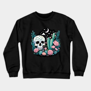 Cactus and Skull with Flowers Starry Night Moon and Stars Crewneck Sweatshirt